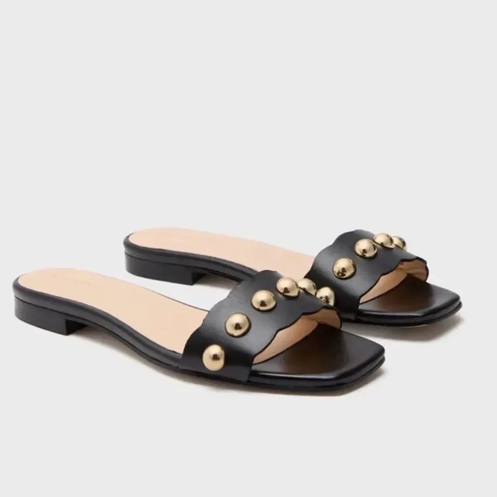 Tuckernuck Women's Black Slip On Leather Studded Flat Brooke Sandal Slide Size 9